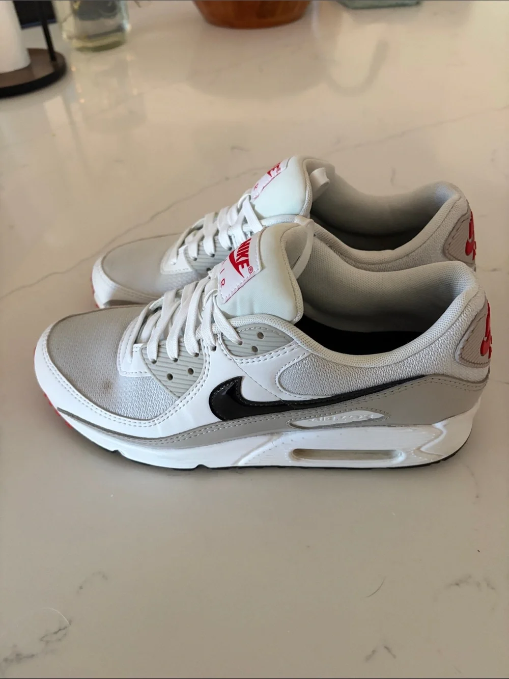 Nike Women’s Air Max 90 Light Iron White/Grey with Black Swoosh and Red Accents